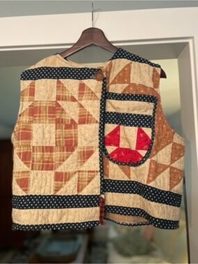 Handmade Quilted Patchwork Vest with Navy Polka Dot Trim